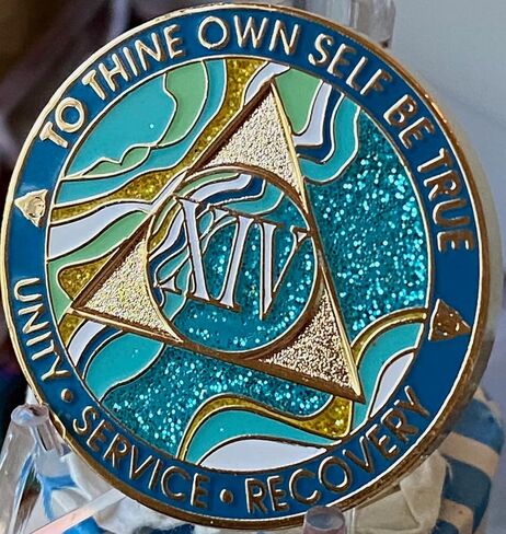 14 Year AA Medallion Elegant Marble Caribbean Aqua Glitter Blue Gold Plated Chip XIV in Saudi Arabia