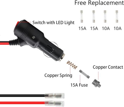 كابل توصيل ذكر ولاعة السجائر من RIIEYOCA مع سلاسل ومفتاح تشغيل/إيقاف، 12 فولت - 24 فولت عالي التحمل 16AWG 15A سلك طاقة لحماية الصمامات لعاكس الطاقة (2 متر/6.5 قدم) in Kuwait