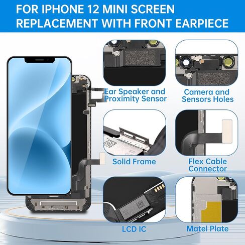 for iPhone 12 Mini Screen Replacement with Earpiece 5.4" LCD Display 3D Touch Digitizer Proximity Sensor Assembly Full Repair Tool Kit Magnetic Pad Waterproof Seal A2176 A2398 A2399 A2400 in Saudi Arabia