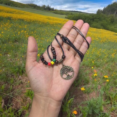 Double Layers Celtic Tree of Life Pendant Necklace Wood Beaded with Adjustable Black Cord Mens Womens Rasta Hippie Hemp Hawaiian (Brass -001) in Saudi Arabia