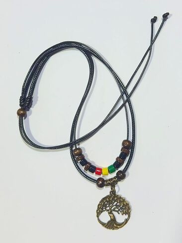 Double Layers Celtic Tree of Life Pendant Necklace Wood Beaded with Adjustable Black Cord Mens Womens Rasta Hippie Hemp Hawaiian (Brass -001) in Saudi Arabia