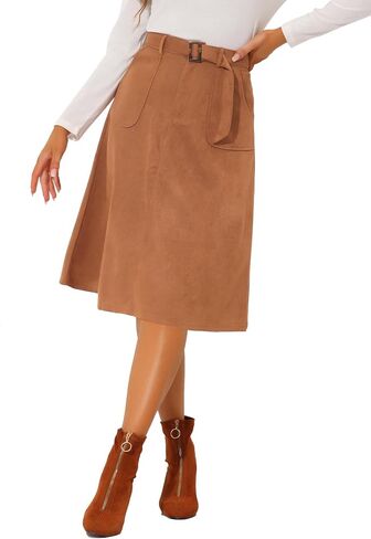 Allegra K Women's Casual Faux Suede Pockets Stretch A-line Midi Skirt with Belt in Saudi Arabia