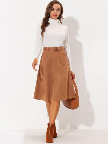 Allegra K Women's Casual Faux Suede Pockets Stretch A-line Midi Skirt with Belt in Saudi Arabia