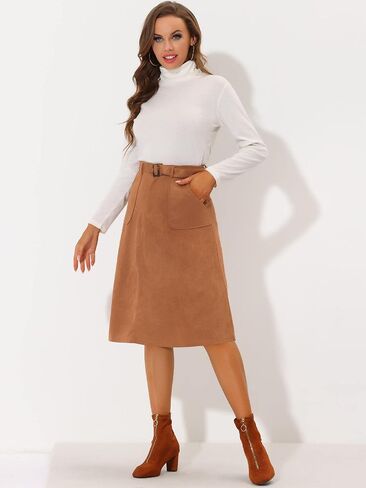 Allegra K Women's Casual Faux Suede Pockets Stretch A-line Midi Skirt with Belt in Saudi Arabia