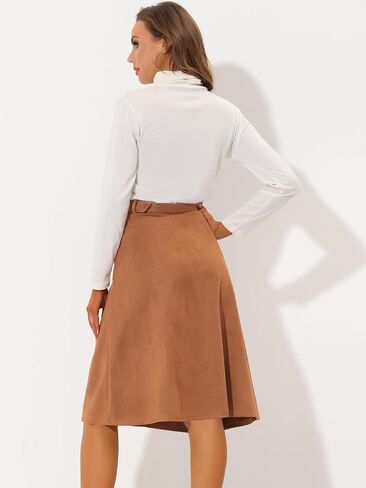 Allegra K Women's Casual Faux Suede Pockets Stretch A-line Midi Skirt with Belt in Saudi Arabia