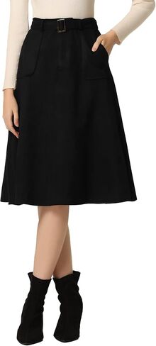 Allegra K Women's Casual Faux Suede Pockets Stretch A-line Midi Skirt with Belt in Saudi Arabia