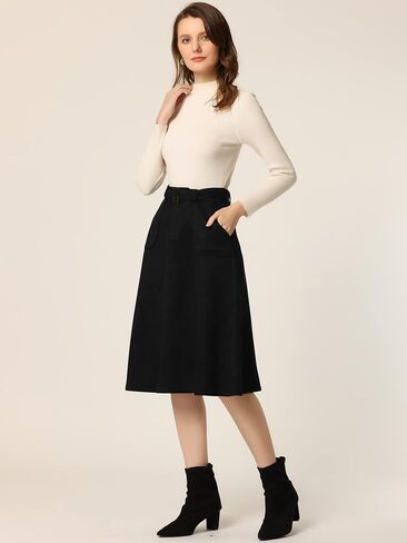 Allegra K Women's Casual Faux Suede Pockets Stretch A-line Midi Skirt with Belt in Saudi Arabia