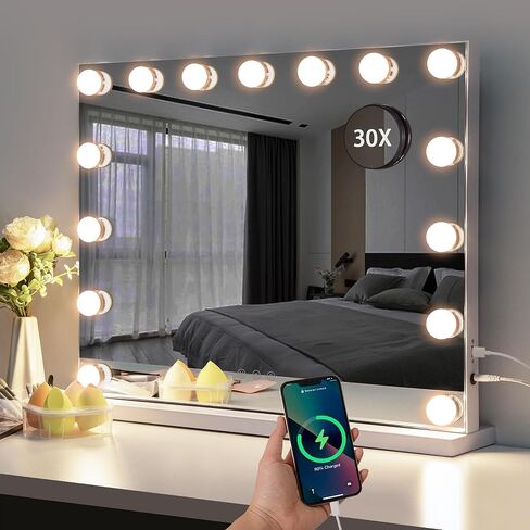 Makeup Mirror with Lights, Vanity Makeup Mirror with Light and Adjustable Brightness, Large Hollywood Mirror 23x19 Inch, Lighted Vanity Mirror with 15 Dimmable LEDs and 3 Color Lights in Kuwait