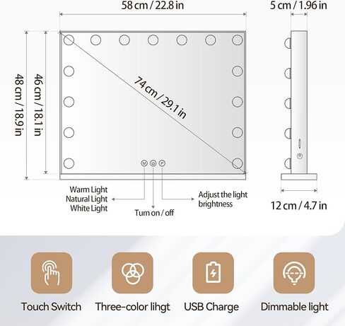 Makeup Mirror with Lights, Vanity Makeup Mirror with Light and Adjustable Brightness, Large Hollywood Mirror 23x19 Inch, Lighted Vanity Mirror with 15 Dimmable LEDs and 3 Color Lights in Kuwait