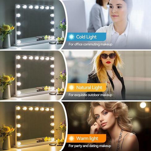 Makeup Mirror with Lights, Vanity Makeup Mirror with Light and Adjustable Brightness, Large Hollywood Mirror 23x19 Inch, Lighted Vanity Mirror with 15 Dimmable LEDs and 3 Color Lights in Kuwait