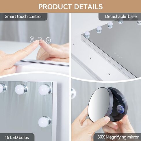 Makeup Mirror with Lights, Vanity Makeup Mirror with Light and Adjustable Brightness, Large Hollywood Mirror 23x19 Inch, Lighted Vanity Mirror with 15 Dimmable LEDs and 3 Color Lights in Kuwait