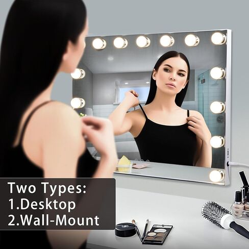 Makeup Mirror with Lights, Vanity Makeup Mirror with Light and Adjustable Brightness, Large Hollywood Mirror 23x19 Inch, Lighted Vanity Mirror with 15 Dimmable LEDs and 3 Color Lights in Kuwait