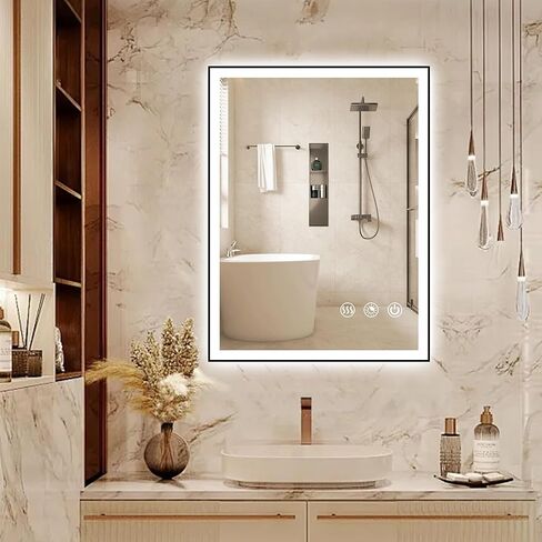 مرآة حمام LED بإطار 40 بوصة × 24 بوصة، مرآة LED بإطار أسود للحمام، مرآة حمام مضادة للضباب مع أضواء، مرآة حمام مضاءة بوظيفة الذاكرة 3 ألوان قابلة للكسر in Kuwait
