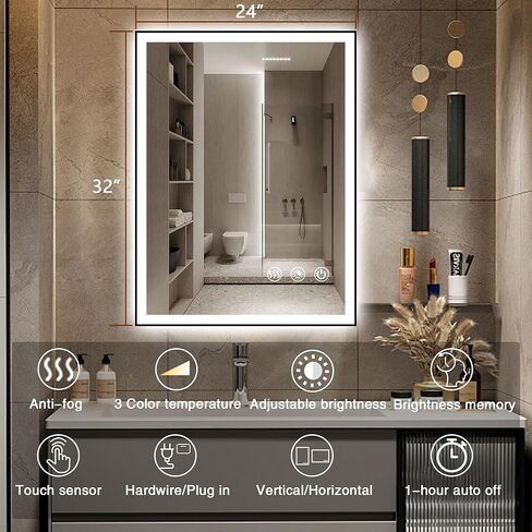 مرآة حمام LED بإطار 40 بوصة × 24 بوصة، مرآة LED بإطار أسود للحمام، مرآة حمام مضادة للضباب مع أضواء، مرآة حمام مضاءة بوظيفة الذاكرة 3 ألوان قابلة للكسر in Kuwait