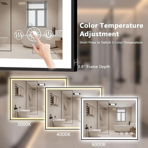 مرآة حمام LED بإطار 40 بوصة × 24 بوصة، مرآة LED بإطار أسود للحمام، مرآة حمام مضادة للضباب مع أضواء، مرآة حمام مضاءة بوظيفة الذاكرة 3 ألوان قابلة للكسر in Kuwait