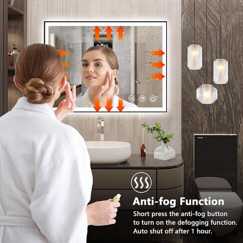 مرآة حمام LED بإطار 40 بوصة × 24 بوصة، مرآة LED بإطار أسود للحمام، مرآة حمام مضادة للضباب مع أضواء، مرآة حمام مضاءة بوظيفة الذاكرة 3 ألوان قابلة للكسر in Kuwait