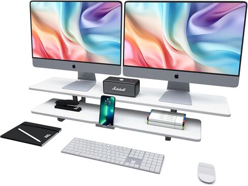 Dual Monitor Stand, 2-Tier Wood Monitor Riser with Storage Organizer and Cable Management, White in Kuwait