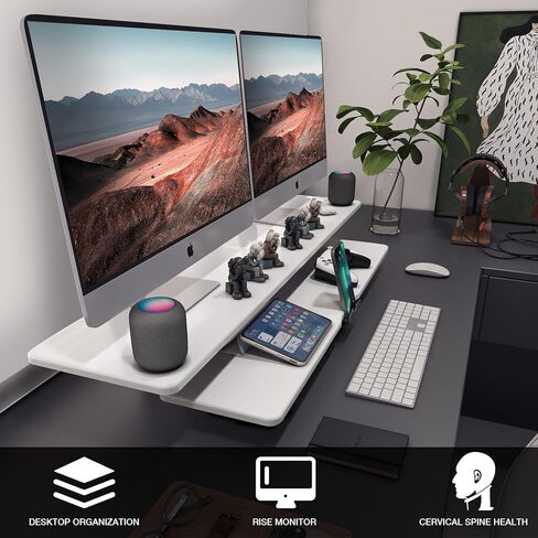 Dual Monitor Stand, 2-Tier Wood Monitor Riser with Storage Organizer and Cable Management, White in Kuwait