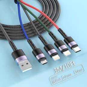 3M/10FT 4 in 1 Multi Charging Cable(Lightning*2+Type C+Micro USB), Multi Charger Cable iPhone, Multiple USB Fast Charging Cord Adapter Compatible with iPhone/Tablets/Samsung/Sony/LG and More