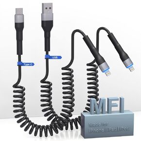 Coiled Lightning Cable USB-C & USB-A 2 Pack, MFi Certified Apple Carplay Cable, Retractable iPhone Charger with Data Transmission and LED, Short Coiled USB C/A to Lightning Cable for iPhone/Pad/Pod