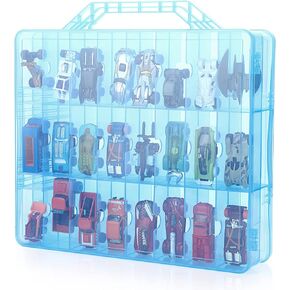 BTSKY Double Sided Toy Storage Organizer with 48 Compartments, Toy Organizer Carrying Case for Hot Wheels Car, Matchbox Cars, Mini Toys, Small Dolls, and more Mini Cars Collection(Blue)