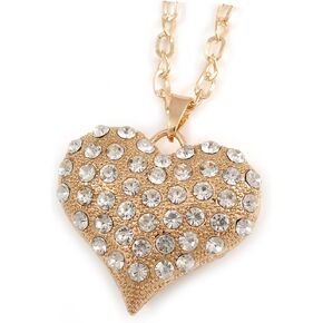 Clear Crystal Puffed Heart Pendant with Long Chunky Chain In Gold Tone Metal - 70cm L