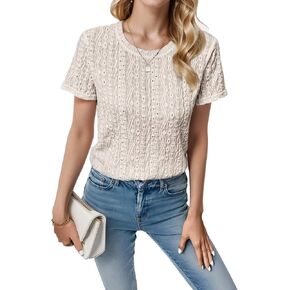 Womens Eyelet Embroidery Short Sleeve Tops Crewneck Cute Summer T-Shirts Dressy Casual Work Blouse