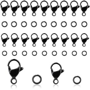 40Pcs Black Lobster Claw Clasps with Jump Ring Stainless Steel Clasps Fastener Hook End Chain Clasp Metal Jewelry Clasps for Making Necklaces Bracelets