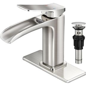 Bathroom Faucet Brushed Nickel OWOFAN Waterfall Washbasin Faucet with Pop Up Drain Single Handle Vanity Farmhouse RV Vessel Basin Mixer Tap Suitable for 1 or 3 Holes Supply Deck Plate and Hose