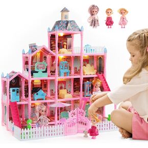 Dollhouse, Girls Theme DreamHouse with Gorgeous Lighting, 3 Dolls, 4 Floors -13 Rooms, 7 Sets of Furniture and Accessories, Design and Build Gift, Ages 3 and Up