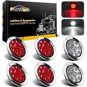 Partsam 4 Red + 2 White 4" Round Led Stop Turn Tail Back-up Reverse Fog Lights Include Lights Flange Mount 12 LED for Truck Trailer RV