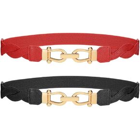 SANSTHS 2 Pack Thin Elastic Belt for Women, Stretch Belt Women for Dresses Jeans Coats with Gold Buckle