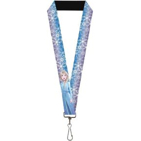 Buckle-Down Disney Lanyard, Frozen 2 Mythical Elsa Pose Ice Lace Blues Purples White, Elastic