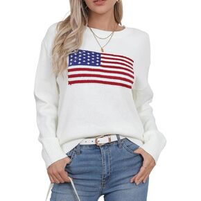 Womens American Flag Sweater Long Sleeve Crew Neck Knitted Casual Pullover Sweater