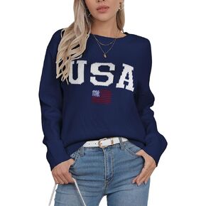 Womens American Flag Sweater Long Sleeve Crew Neck Knitted Casual Pullover Sweater