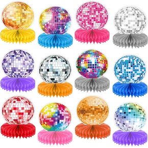12PCS Disco Theme Party Honeycomb Centerpieces 70s Birthday Party Decorations Colorful Disco Ball Table Toppers 70s Disco Party Table Centerpieces for Back To 70s Baby Shower Party Supplies