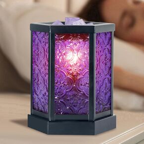 CVHOMEDECO. Moroccan Electric Wax Melt Warmer Decorative Candle Warmer Burner for Scented Candle, Wax Melts and Tarts to Freshen Room, Idea for Home and Office Decor., Hexagonal, Purple Glass