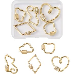 Pandahall 5Pcs Brass Mixed Shapes Screw Carabiner Lock Charms Clasps Real 18K Gold Plated Keychain Clip Hook for Necklaces Jewelry Making