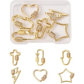 Pandahall 5Pcs Brass Mixed Shapes Screw Carabiner Lock Charms Clasps Real 18K Gold Plated Keychain Clip Hook for Necklaces Jewelry Making