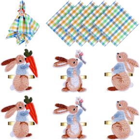12 Pieces Easter Napkin Rings-Bunny Napkin Holder Rings Gingham Buffalo Plaid Check Napkins Set Pure Cotton for Easter Decoration Party Dining Table Settings Decor (Cute Style)