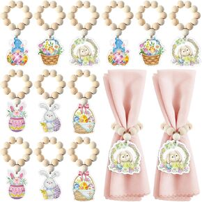 12 Pcs Easter Napkin Rings Easter Bunny Farmhouse Gnome Wood Beads Napkin Ring Vintage Easter Eggs Napkin Rings Cute Rabbit Tableware for Easter Party Banquet Dinner Table Favor