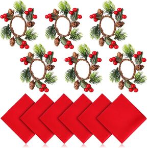 12 Pieces Christmas Napkin Rings Set, Include 6 Piece Napkin Rings Dinning Table Setting Decorations with 6 Piece Solid Color Dinner Napkins for Casual or Formal Occasions (Berry Style)