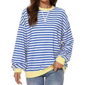 Women Oversized Striped Color Block Long Sleeve Crew Neck Sweatshirt Casual Pullover Y2K Loose Shirt Top