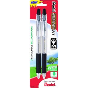 Pentel R.S.V.P. RT New Retractable Ballpoint Pen, Medium Line, Black Ink, 2 Pack (BK93BP2A)