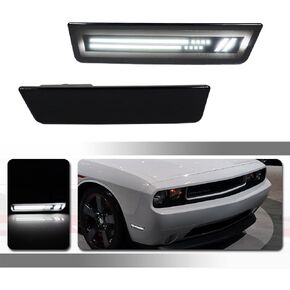 logo style Full White Led Smoked lamp kit Compatible With 2008 2009 2010 2011 2012 2013 2014 Dodge Challenger R/T Classic Rallye Redline SRT8 SRT SXT R/T SE Front Bumper Side Marker Lights