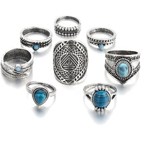 Asphire 9pcs Bohemian Joint Knuckle Rings Set Turquoise Gemstone Stackable Midi Ring Band Vintage Carved Geometric Finger Rings Opal Teardrop Chunky Ring Pack for Women