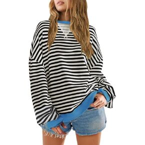 SENSERISE Womens Oversized Classic Striped Crewneck Sweatshirts Long Sleeve Color Block Shirts Casual Tops