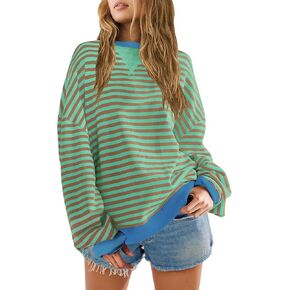 قمصان SENSERISE النسائية ذات الحجم الكبير والمخططة ذات الرقبة الدائرية وأكمام طويلة وقمصان ذات ألوان متعددة وقمصان علوية غير رسمية in Kuwait