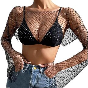 قميص علوي قصير شبكي من حجر الراين سباركلي من ديلادولا، قمصان شبكية سوداء كريستالية شفافة من خلال الحفلات الليلية للنساء in Kuwait