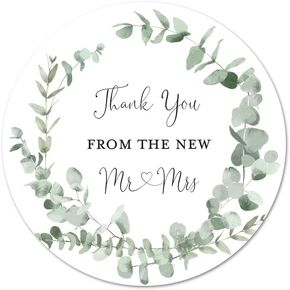 1.5" Round Eucalyptus Leaves Wreath Thank You Favor Stickers - Set of 60 (from New Mr & Mrs)